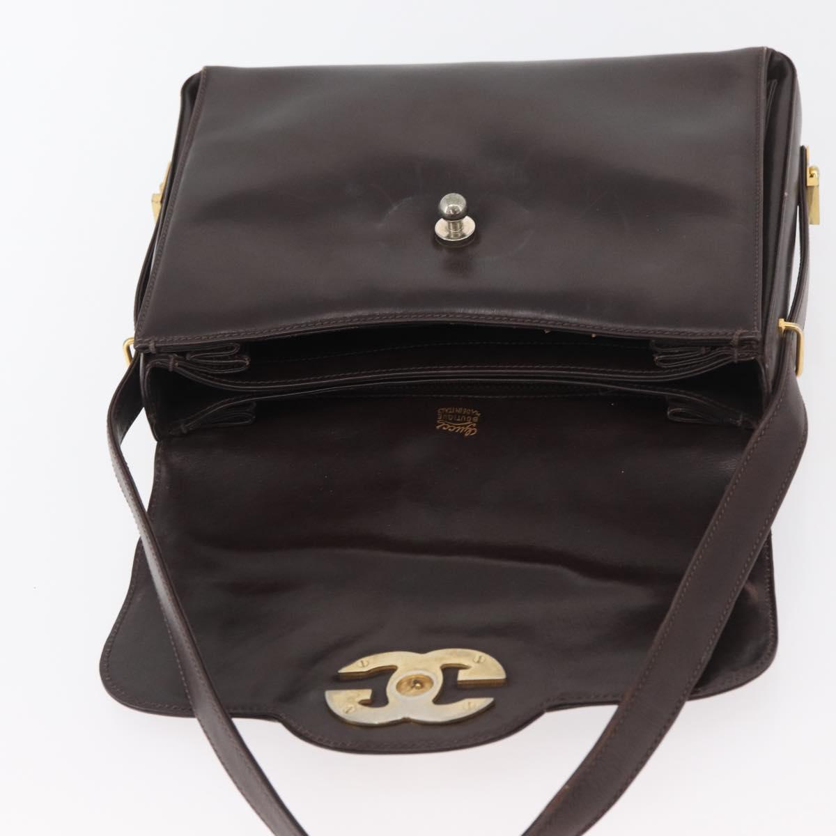 GUCCI Shoulder Bag Leather Brown Gold Auth BAZ569