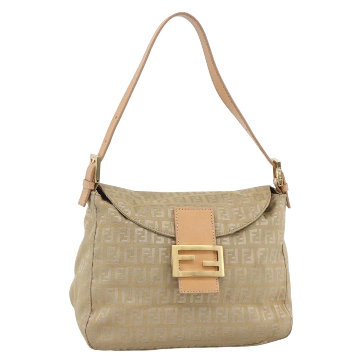 FENDI Zucchino Canvas Mamma Baguette Shoulder Bag Beige Gold Auth BAZ581V