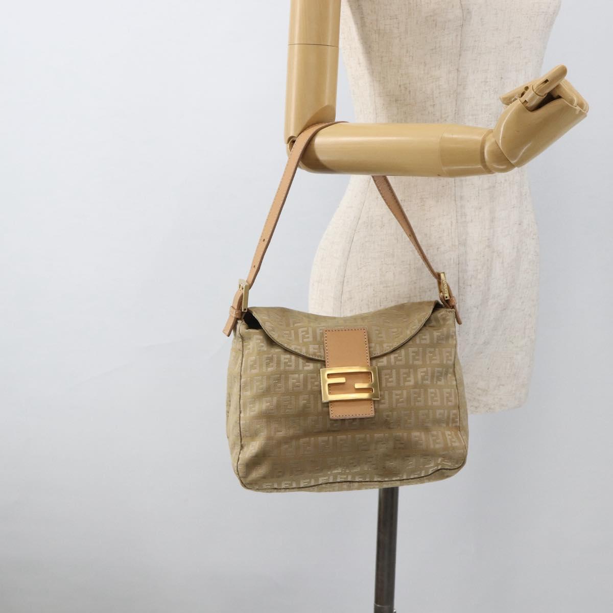 FENDI Zucchino Canvas Mamma Baguette Shoulder Bag Beige Gold Auth BAZ581V