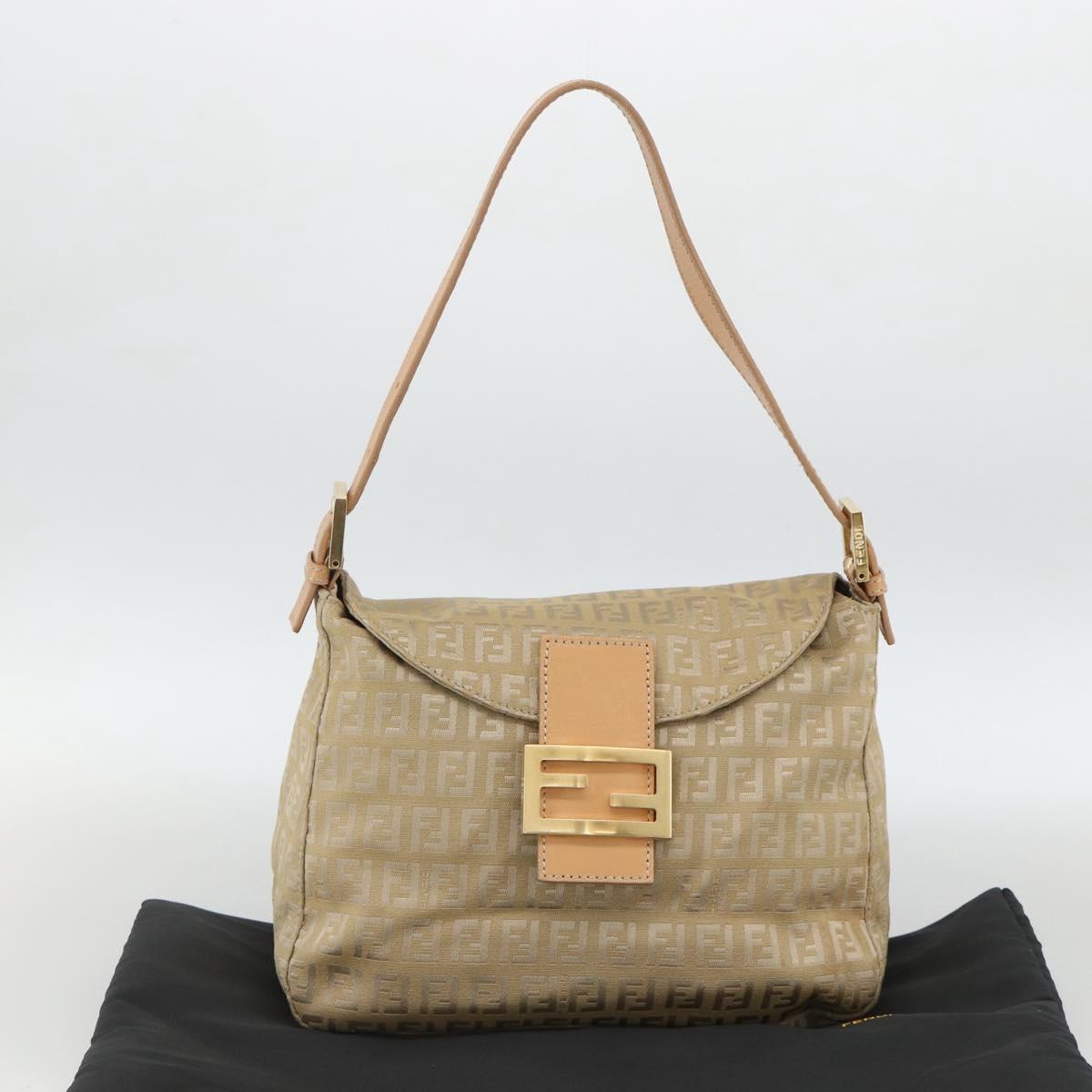FENDI Zucchino Canvas Mamma Baguette Shoulder Bag Beige Gold Auth BAZ581V