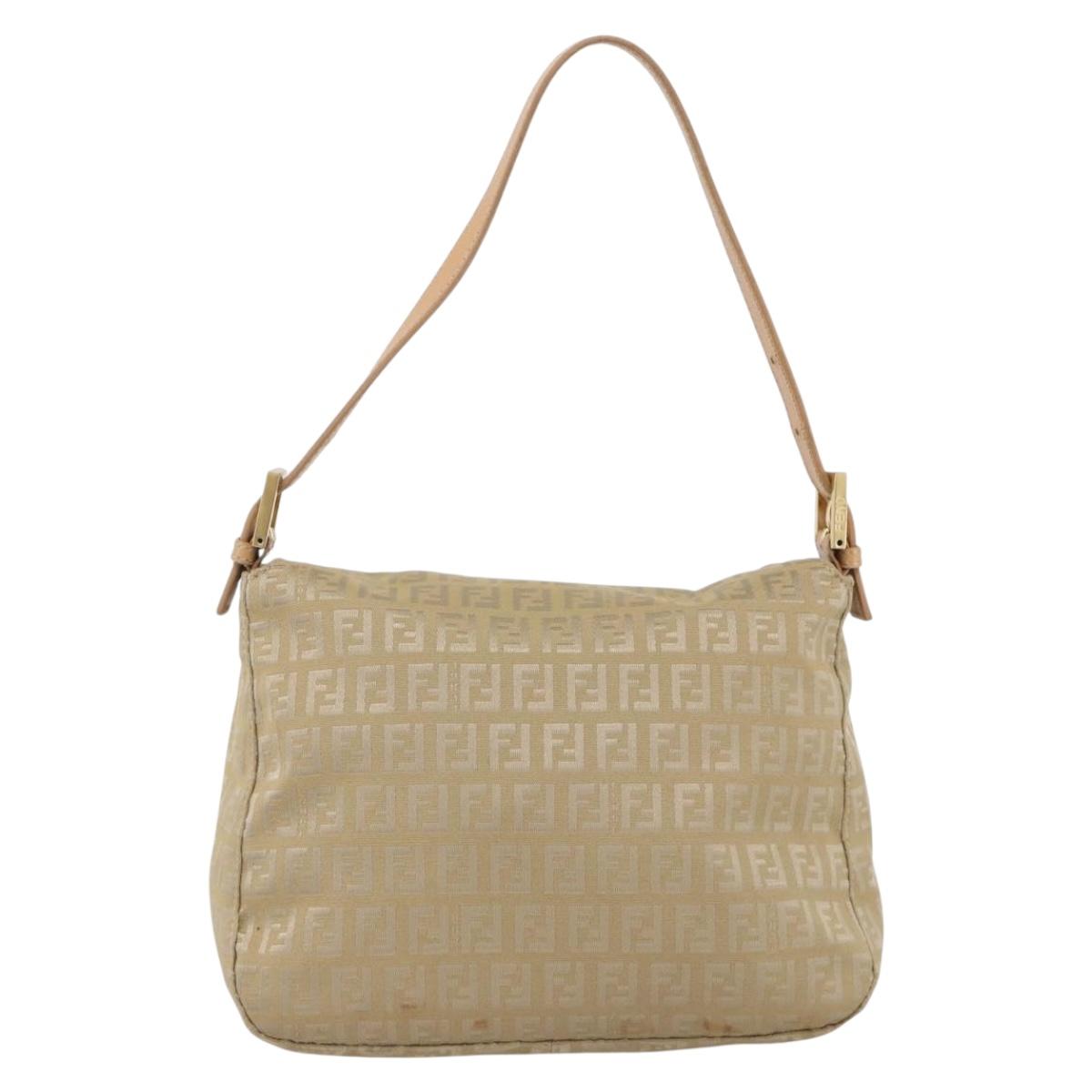 FENDI Zucchino Canvas Mamma Baguette Shoulder Bag Beige Gold Auth BAZ581V