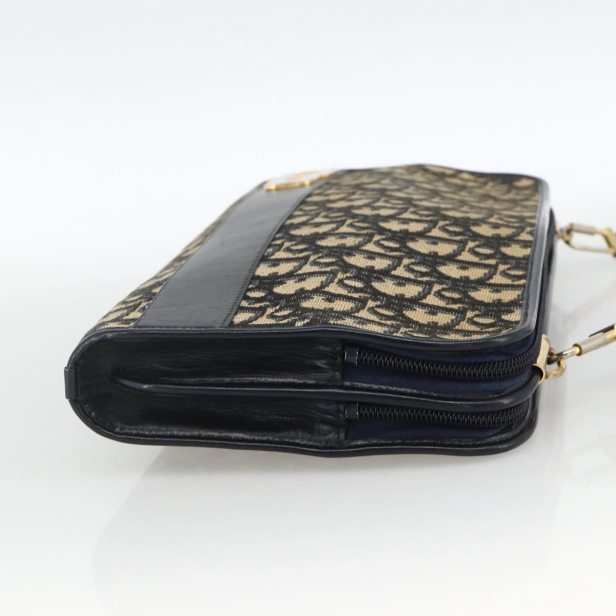 Christian Dior Trotter Canvas Shoulder Bag Navy Gold Auth BAZ595A