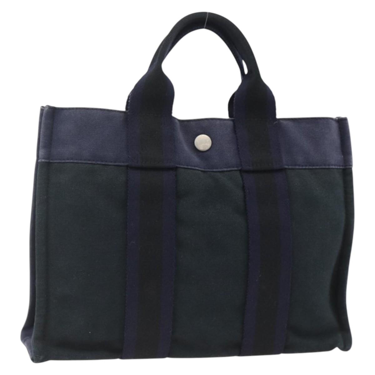 HERMES Fourre Tout PM Tote Bag Canvas Navy Silver Auth BAZ597