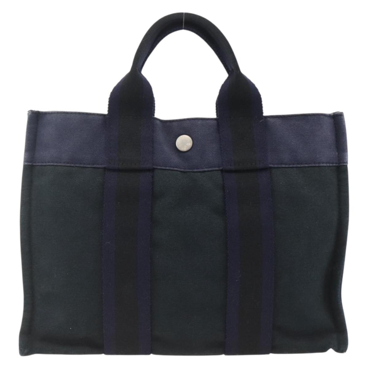 HERMES Fourre Tout PM Tote Bag Canvas Navy Silver Auth BAZ597