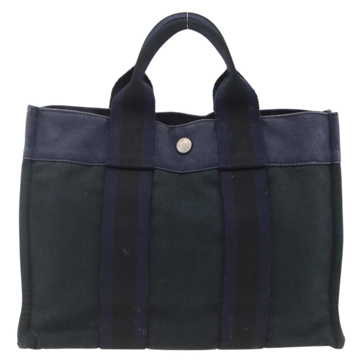HERMES Fourre Tout PM Tote Bag Canvas Navy Silver Auth BAZ597