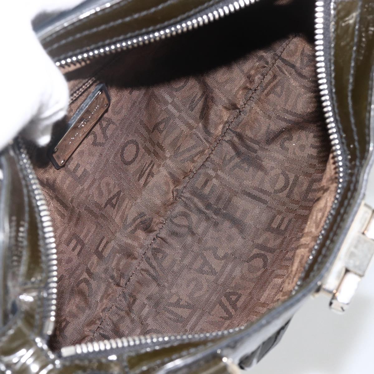 Salvatore Ferragamo Gancini Hand Bag Patent leather Khaki Silver Auth BAZ602