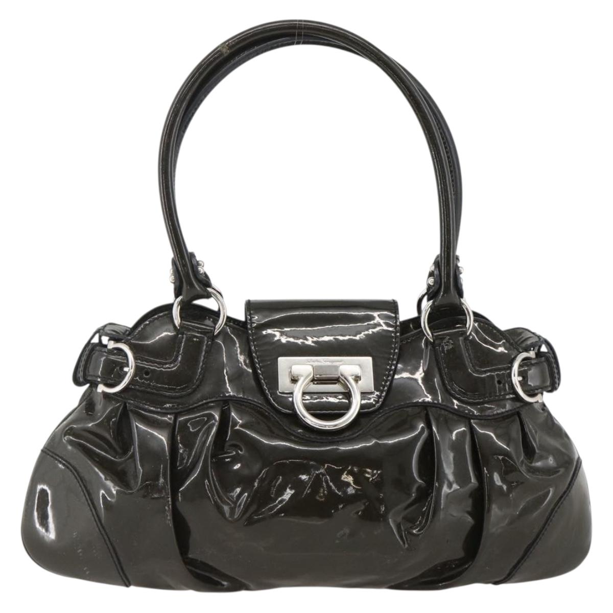Salvatore Ferragamo Gancini Hand Bag Patent leather Khaki Silver Auth BAZ602