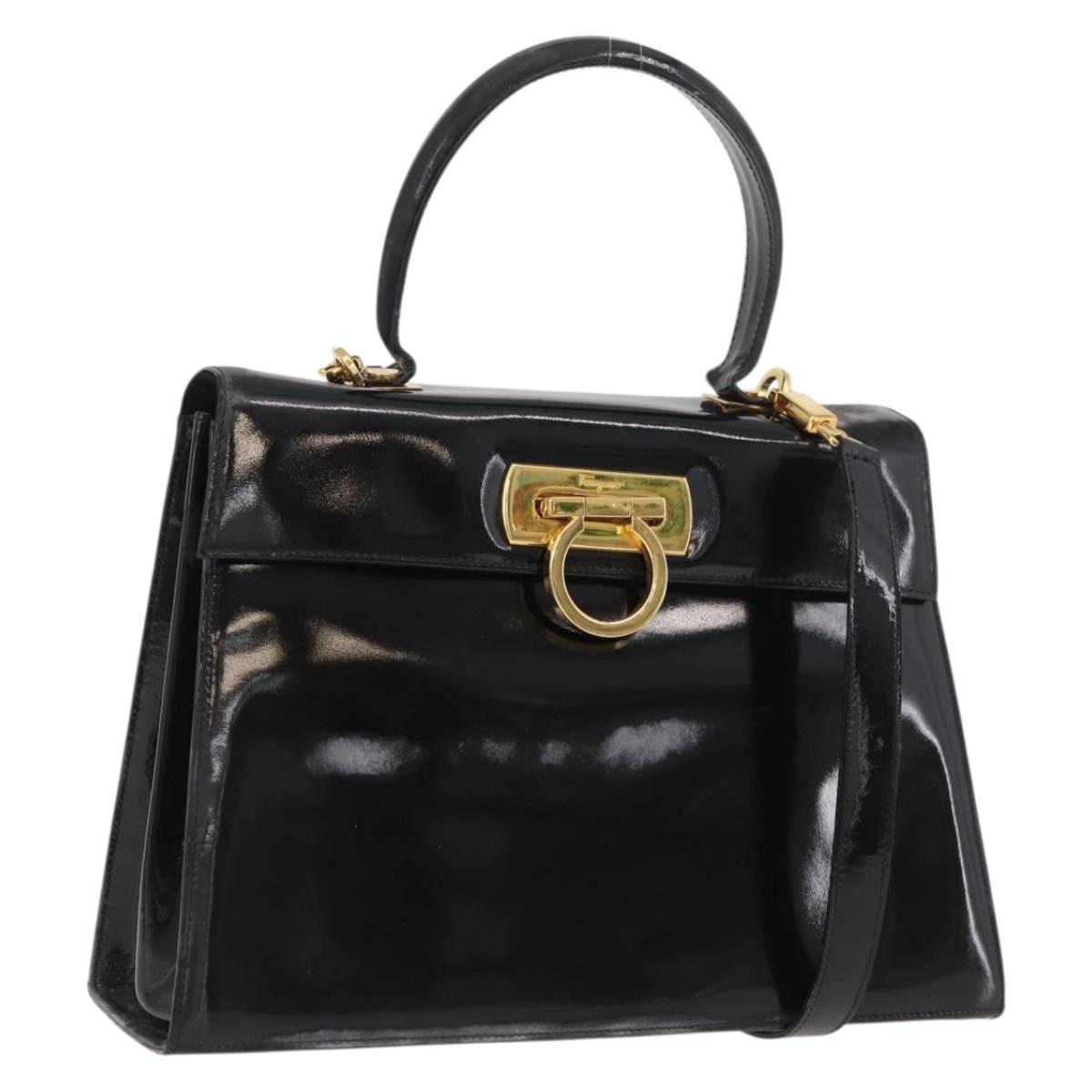 Salvatore Ferragamo Gancini Hand Bag Patent leather 2way Black Gold Auth BAZ603