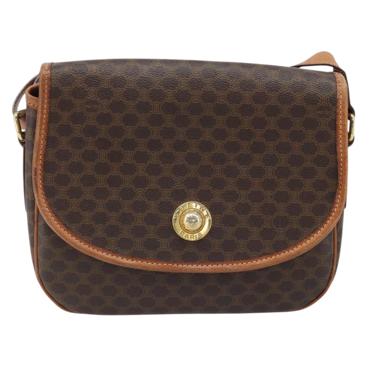 CELINE Macadam Canvas Star Ball Shoulder Bag PVC Leather Brown Gold Auth BAZ619A