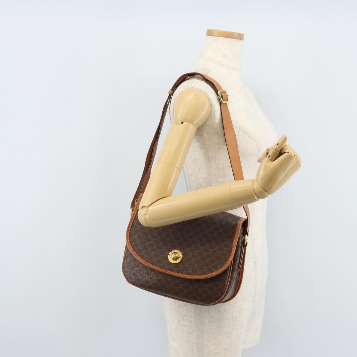 CELINE Macadam Canvas Star Ball Shoulder Bag PVC Leather Brown Gold Auth BAZ619A