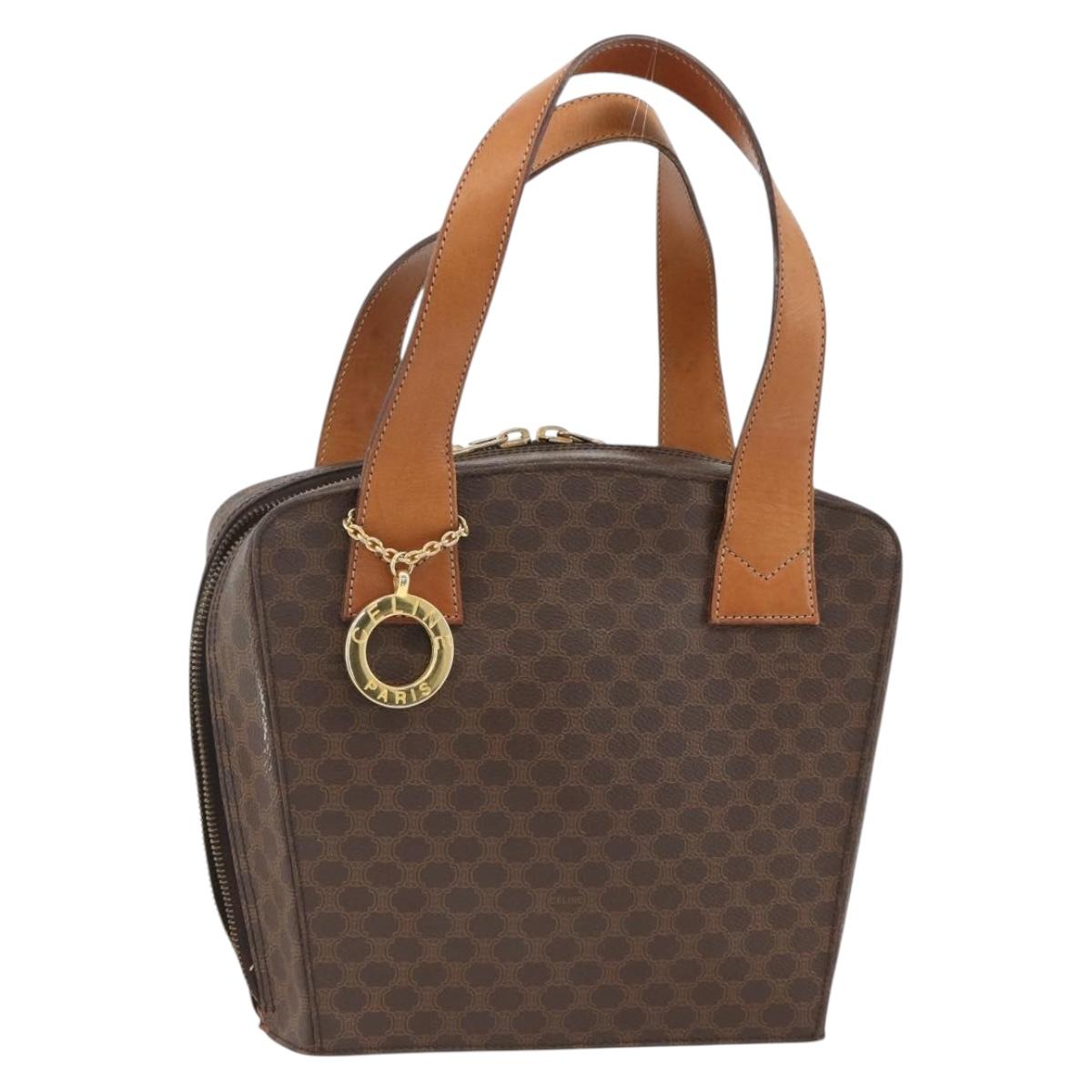 CELINE Macadam Canvas Circle Hand Bag PVC Leather Brown Gold Auth BAZ621