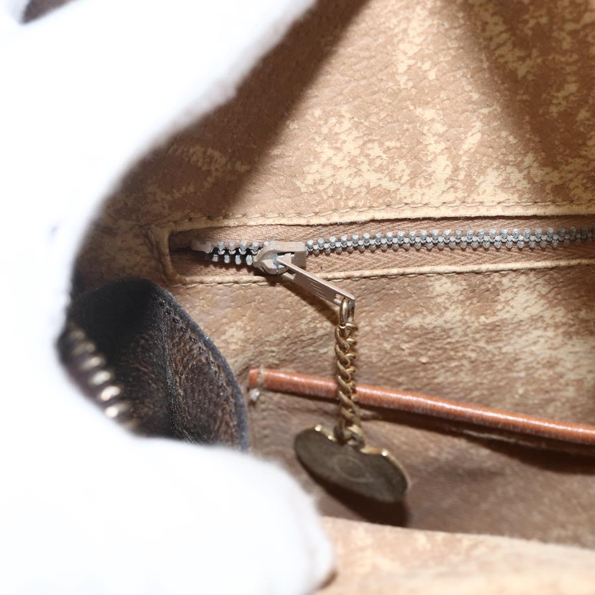 CELINE Macadam Canvas Circle Hand Bag PVC Leather Brown Gold Auth BAZ621