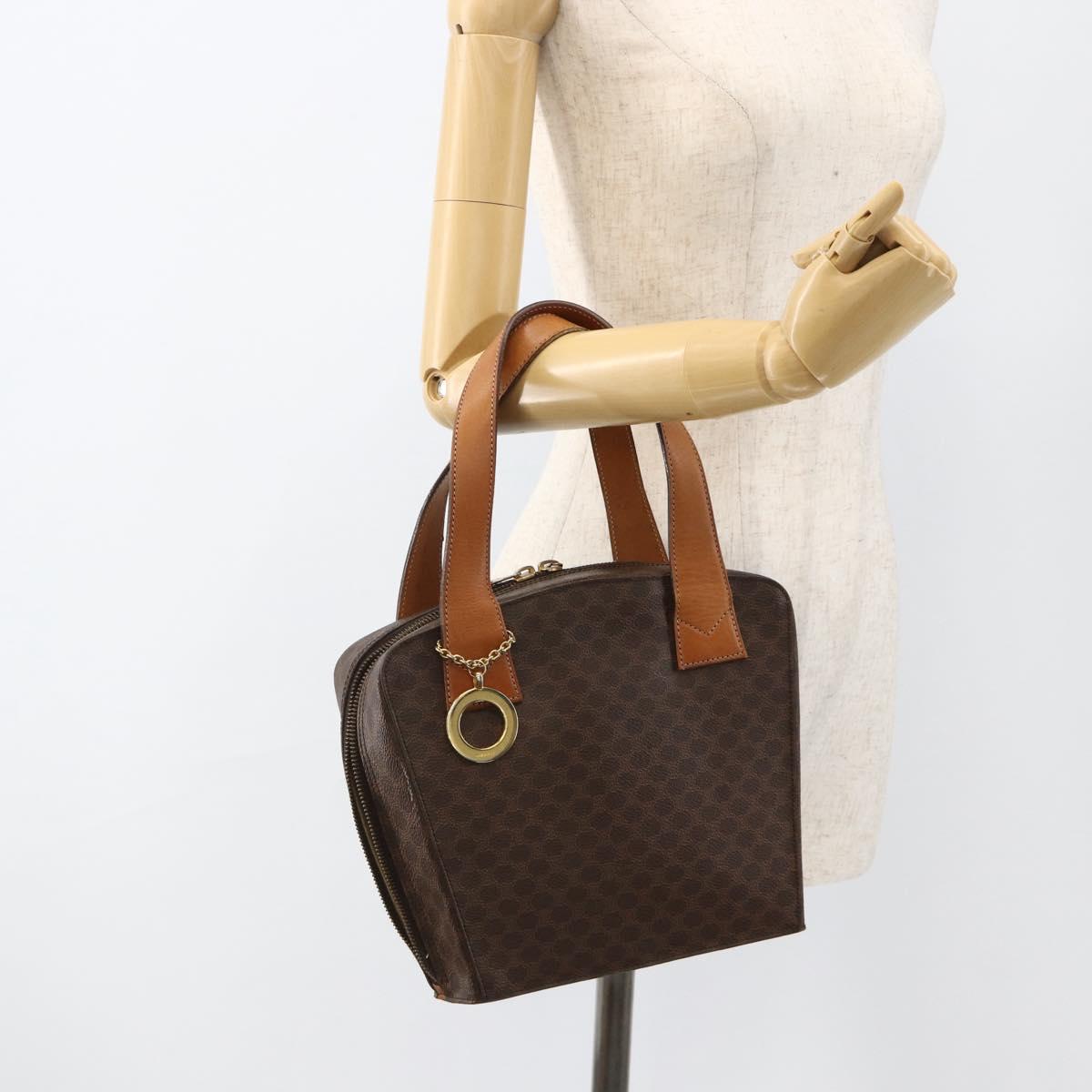 CELINE Macadam Canvas Circle Hand Bag PVC Leather Brown Gold Auth BAZ621