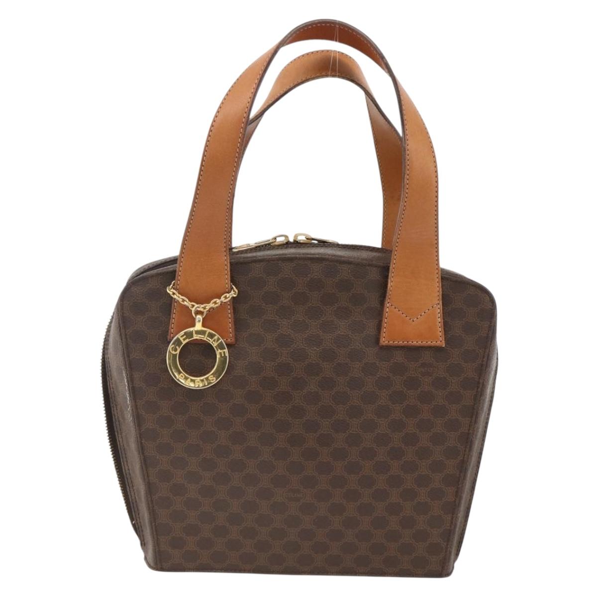 CELINE Macadam Canvas Circle Hand Bag PVC Leather Brown Gold Auth BAZ621