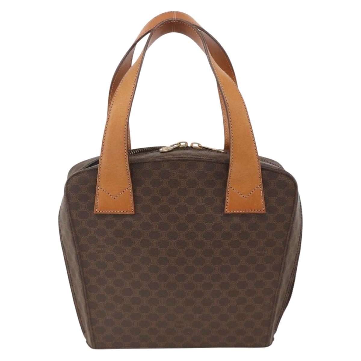 CELINE Macadam Canvas Circle Hand Bag PVC Leather Brown Gold Auth BAZ621