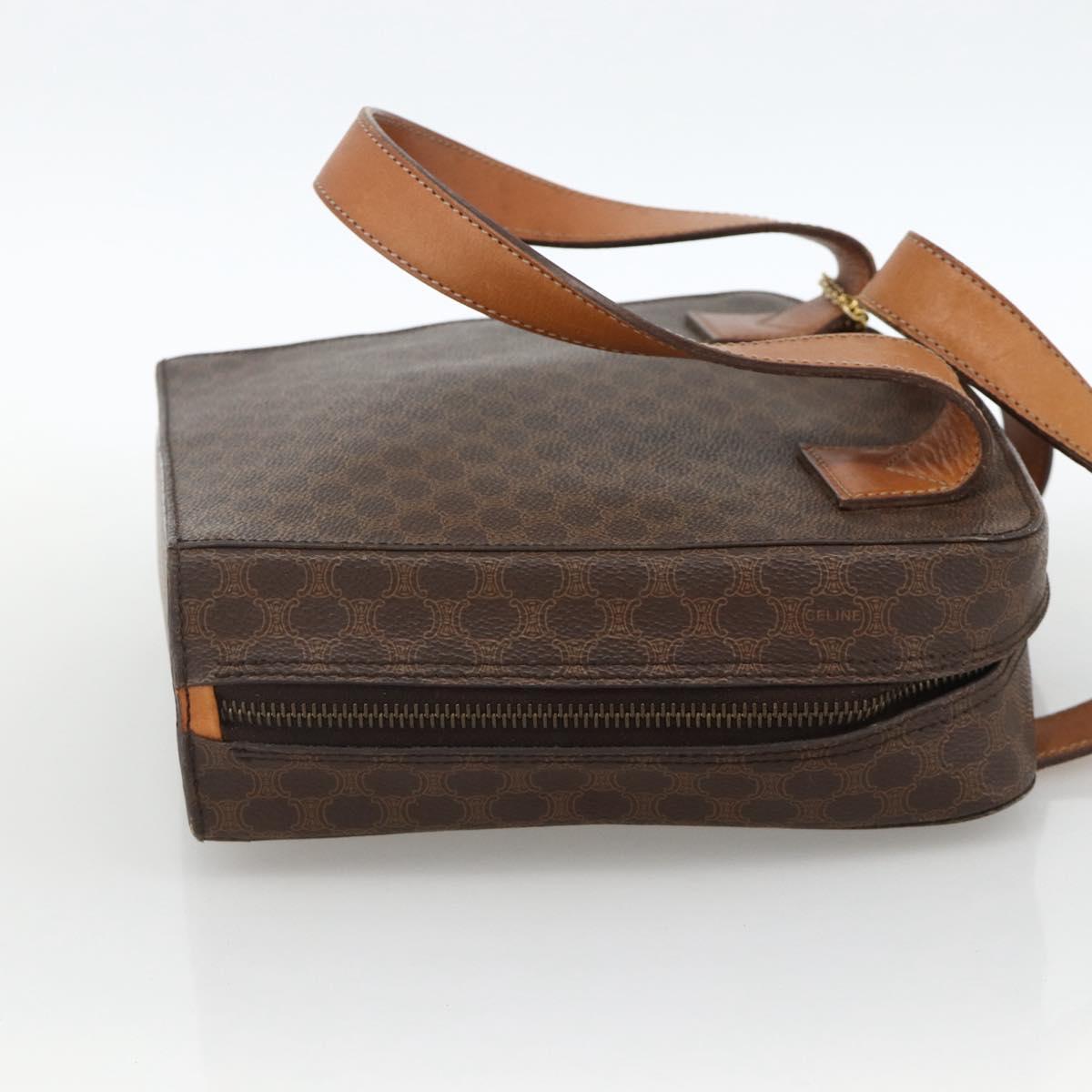 CELINE Macadam Canvas Circle Hand Bag PVC Leather Brown Gold Auth BAZ621