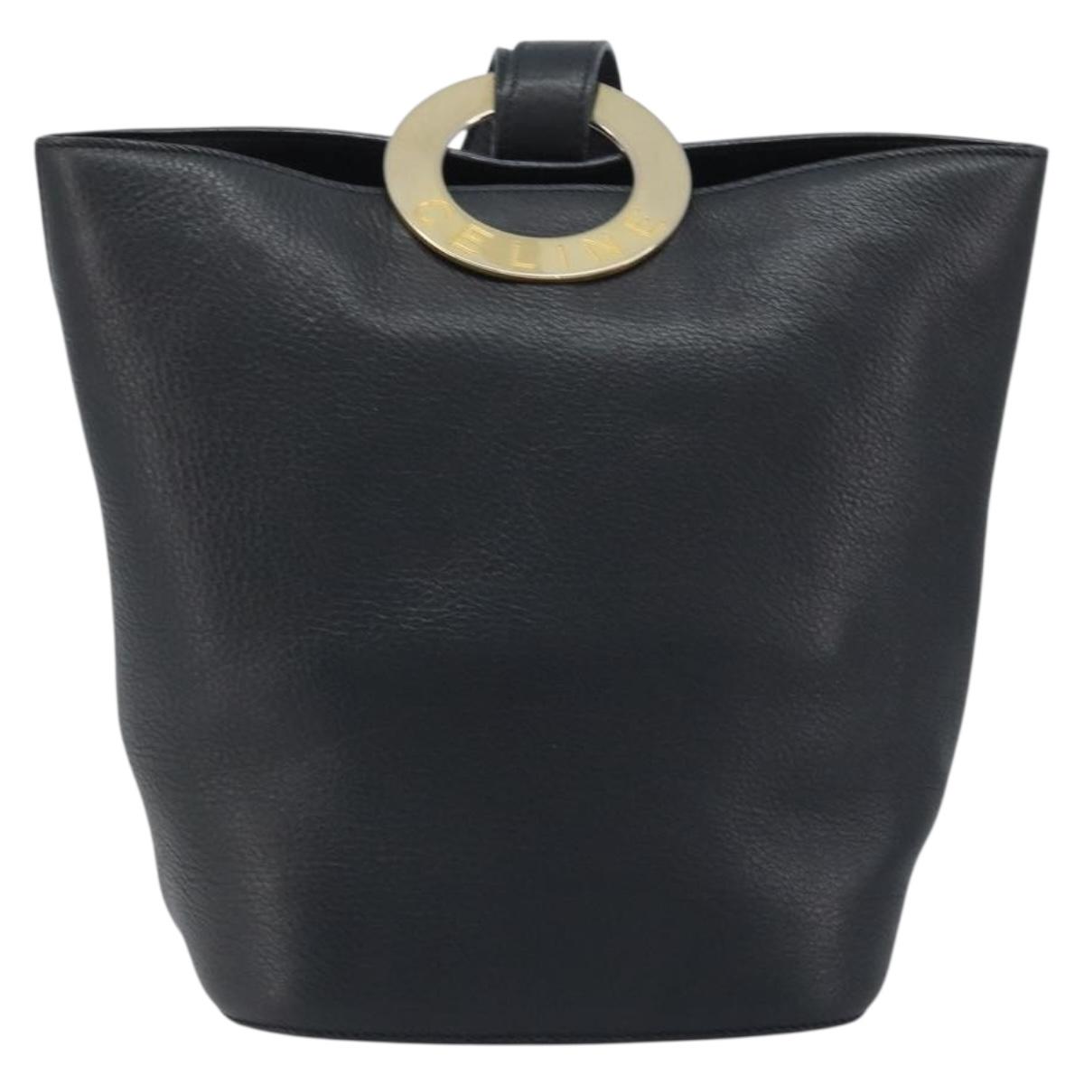 CELINE Circle Shoulder Bag Leather Black Gold Auth BAZ623A