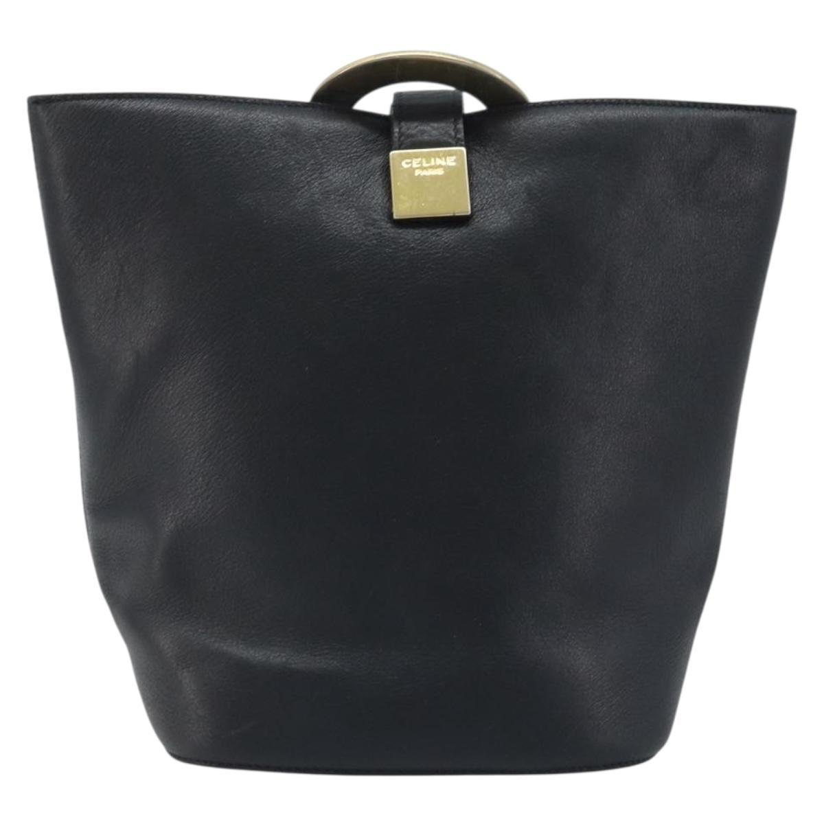 CELINE Circle Shoulder Bag Leather Black Gold Auth BAZ623A
