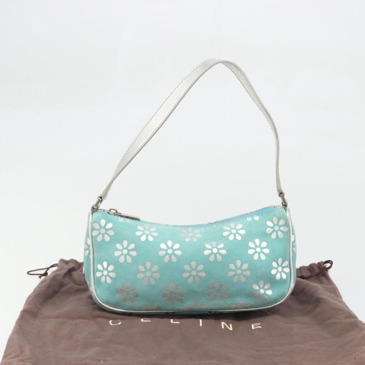 CELINE Accessory Pouch Suede Light Blue Silver Auth BAZ625A