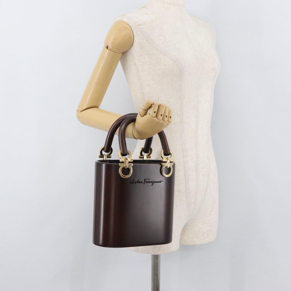 Salvatore Ferragamo Gancini Hand Bag Wood Brown Gold Auth BAZ667V