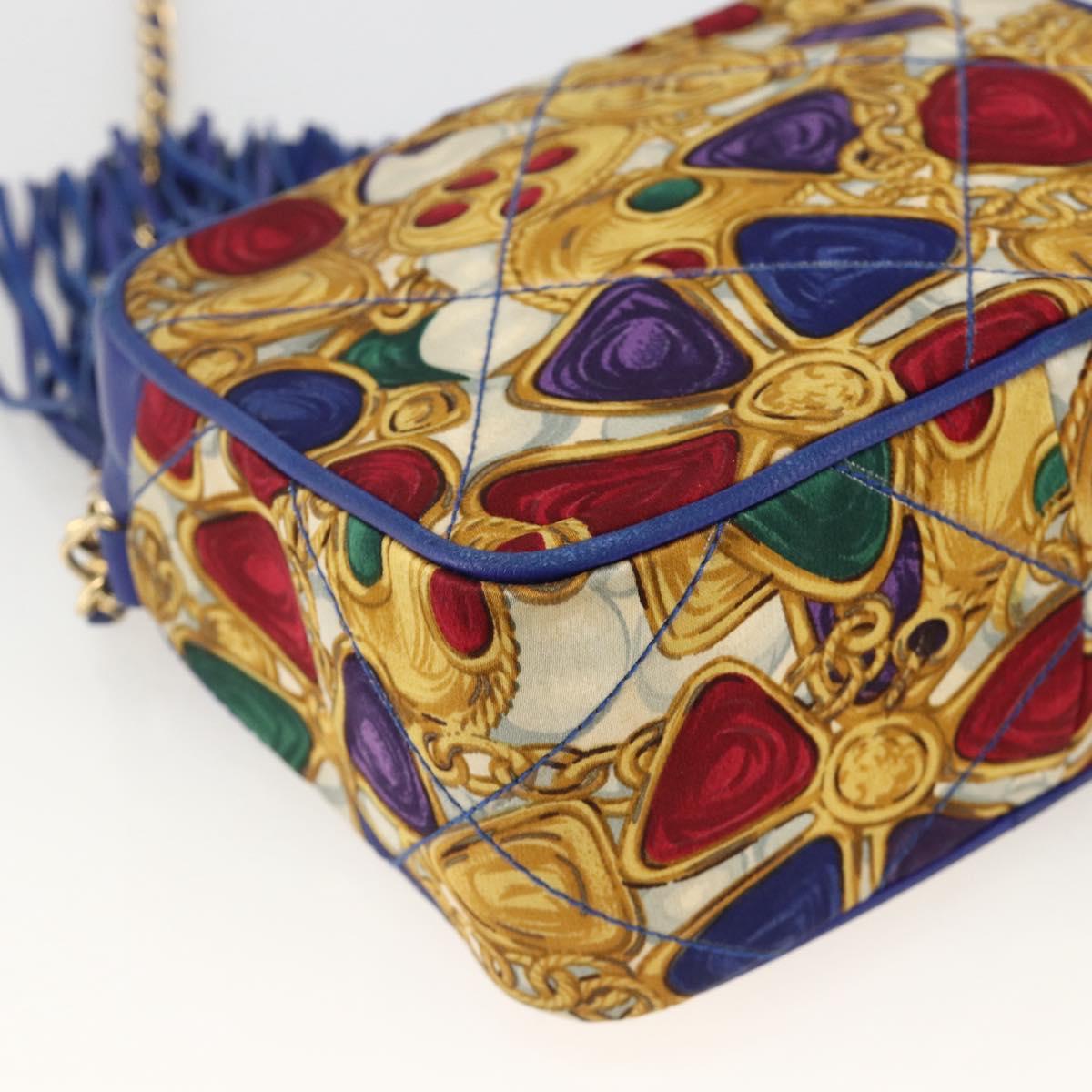 CHANEL Matelasse Chain Shoulder Bag Satin Blue Gold CC Auth BAZ668V