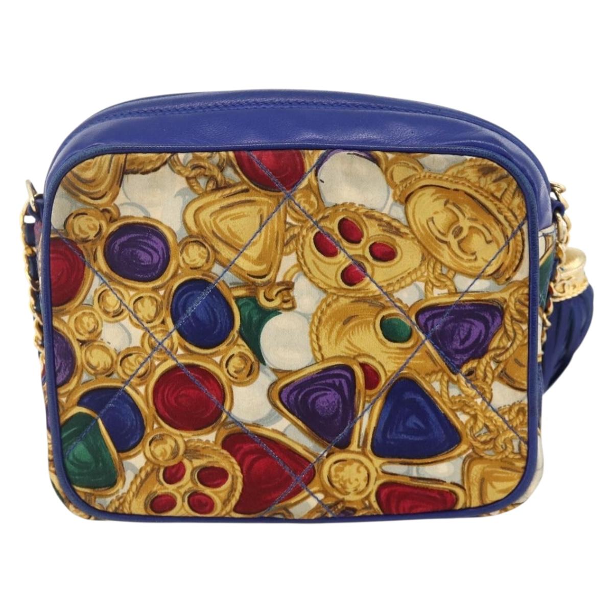 CHANEL Matelasse Chain Shoulder Bag Satin Blue Gold CC Auth BAZ668V