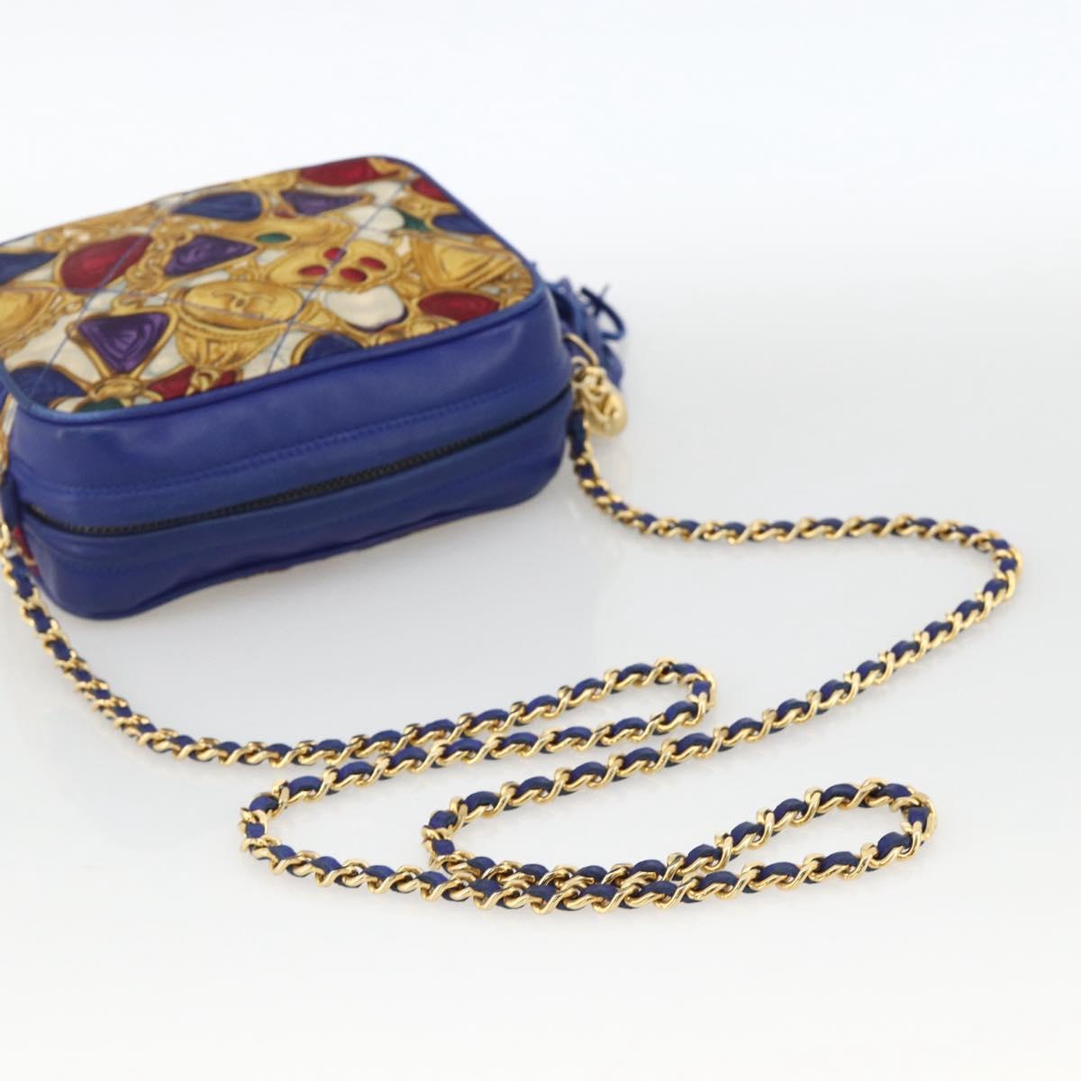 CHANEL Matelasse Chain Shoulder Bag Satin Blue Gold CC Auth BAZ668V