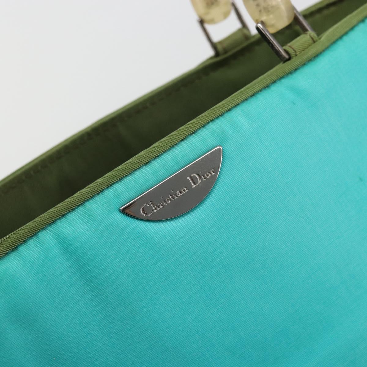 Christian Dior Maris Pearl Hand Bag Nylon Turquoise Blue Silver Auth BAZ685A