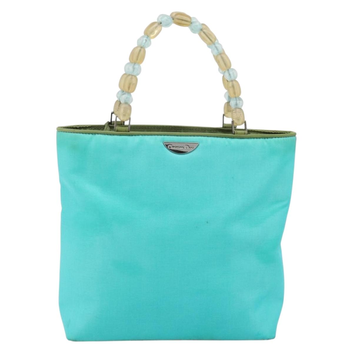 Christian Dior Maris Pearl Hand Bag Nylon Turquoise Blue Silver Auth BAZ685A