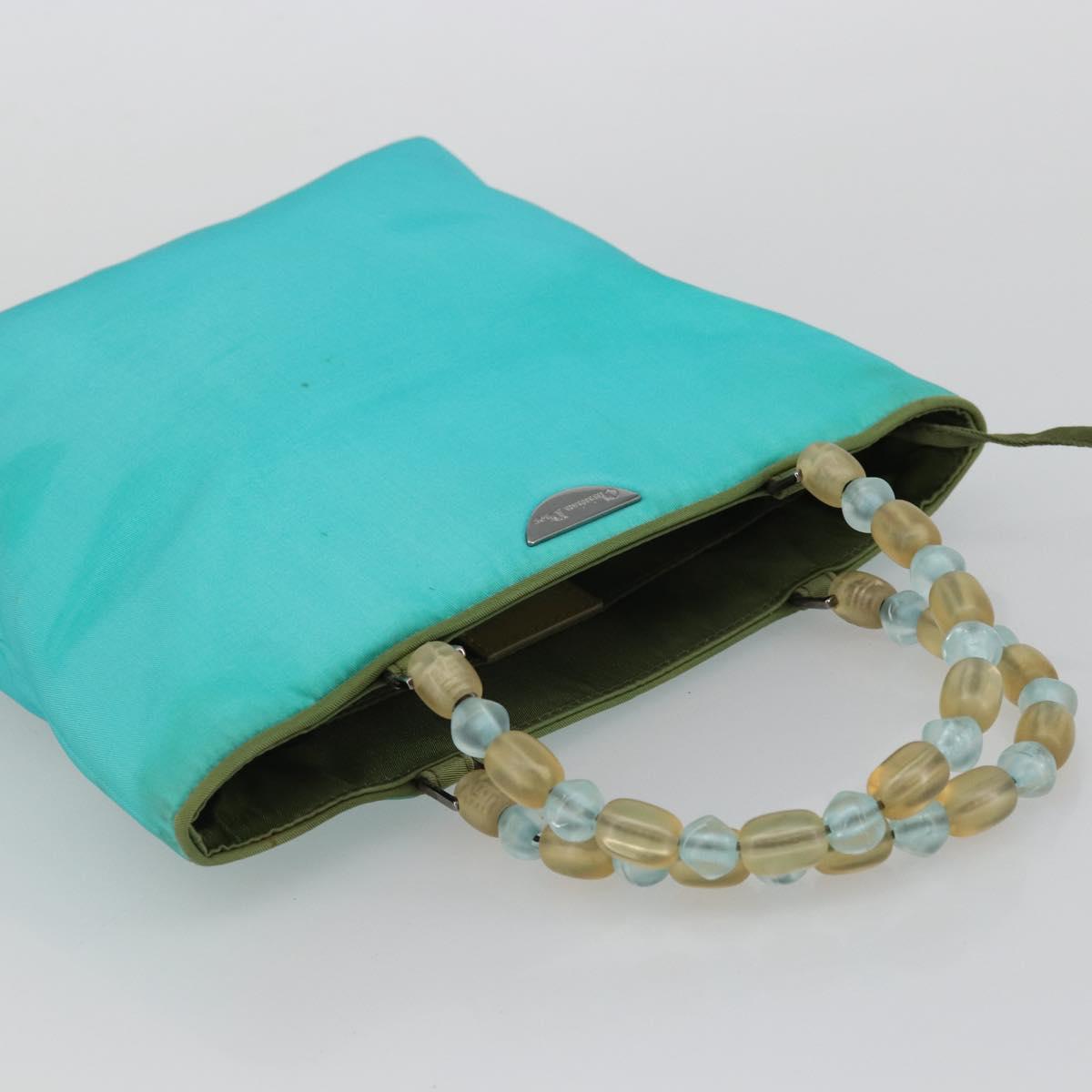 Christian Dior Maris Pearl Hand Bag Nylon Turquoise Blue Silver Auth BAZ685A