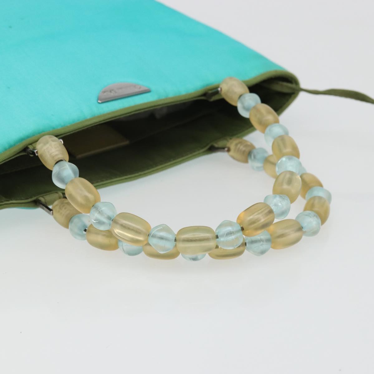 Christian Dior Maris Pearl Hand Bag Nylon Turquoise Blue Silver Auth BAZ685A