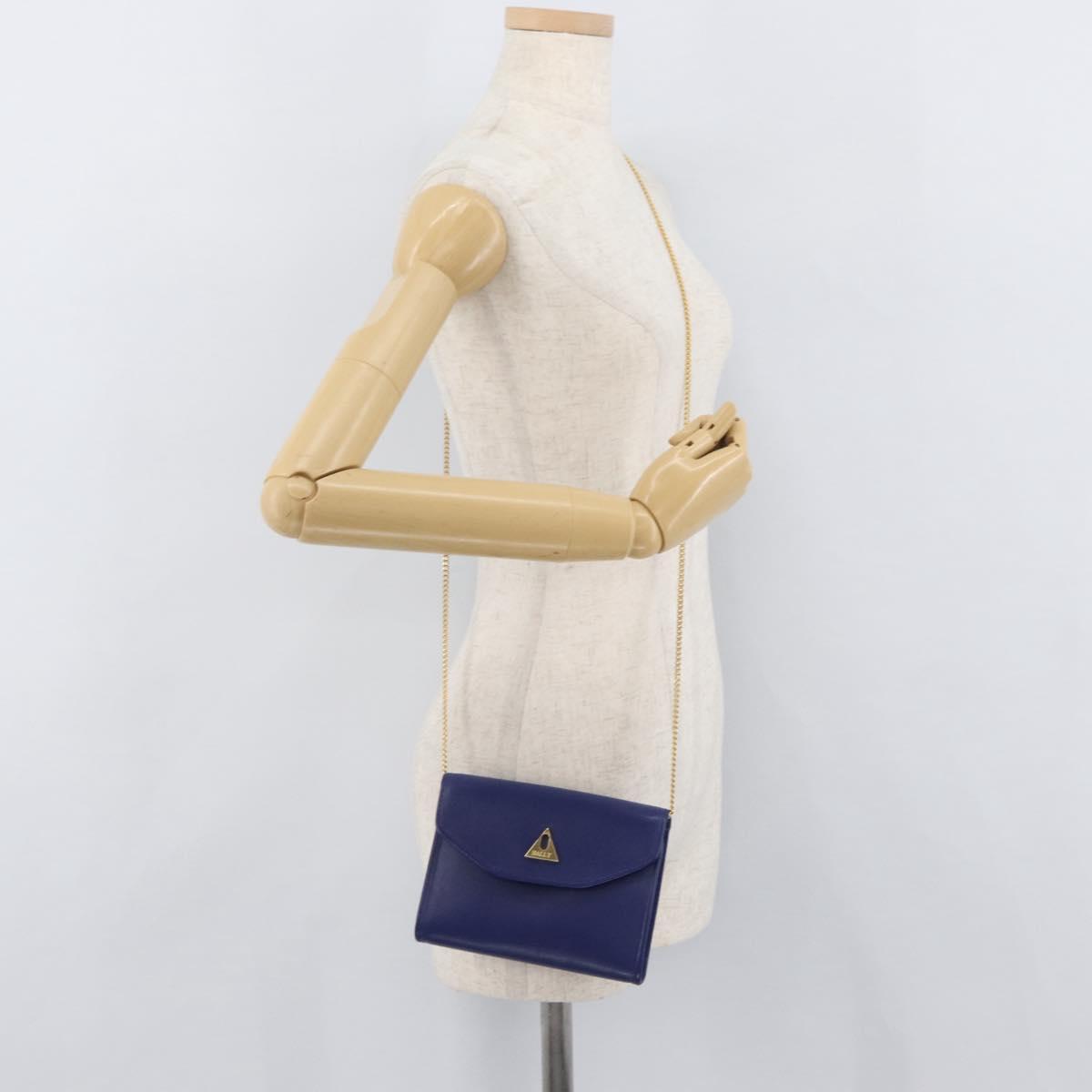 BALLY Chain Shoulder Bag Leather Blue Gold Auth BAZ686A