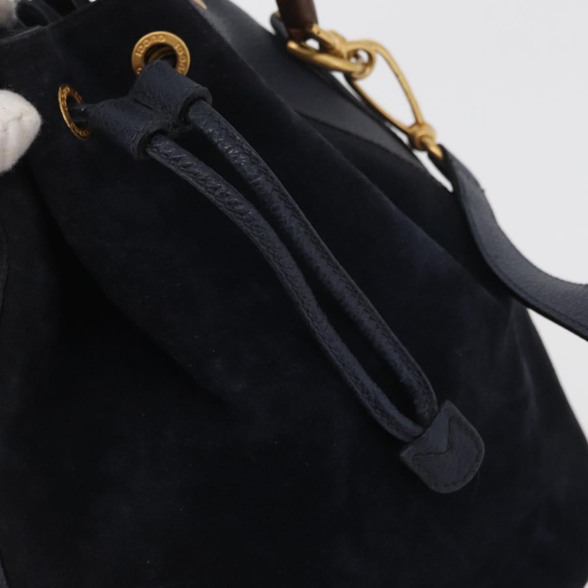 GUCCI Bamboo Horsebit Shoulder Bag Suede 2way Navy Gold Auth BAZ706