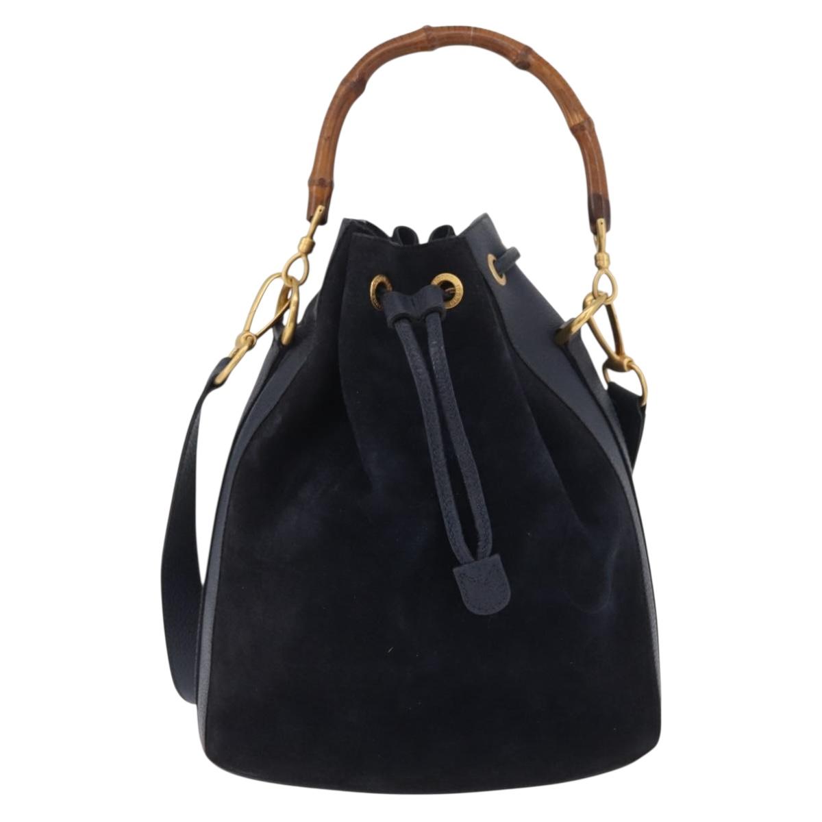 GUCCI Bamboo Horsebit Shoulder Bag Suede 2way Navy Gold Auth BAZ706