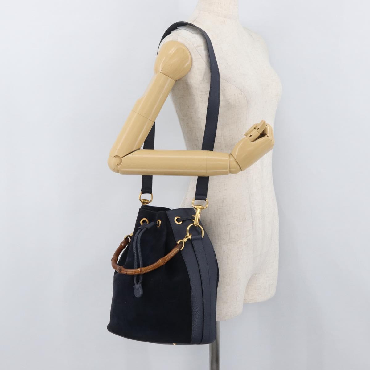 GUCCI Bamboo Horsebit Shoulder Bag Suede 2way Navy Gold Auth BAZ706