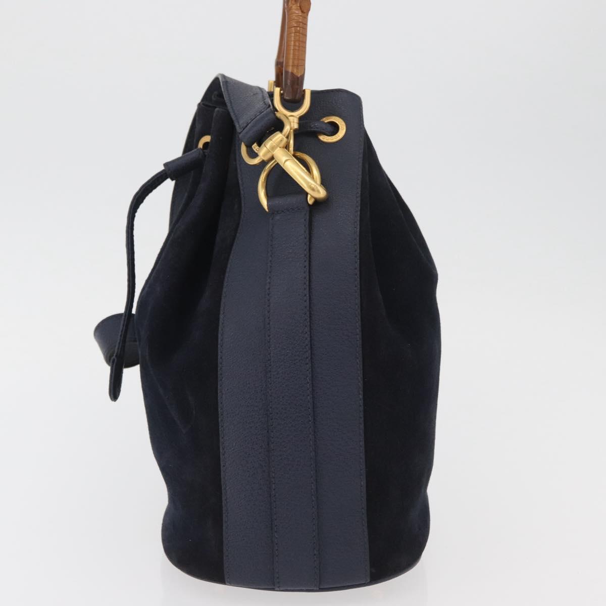 GUCCI Bamboo Horsebit Shoulder Bag Suede 2way Navy Gold Auth BAZ706