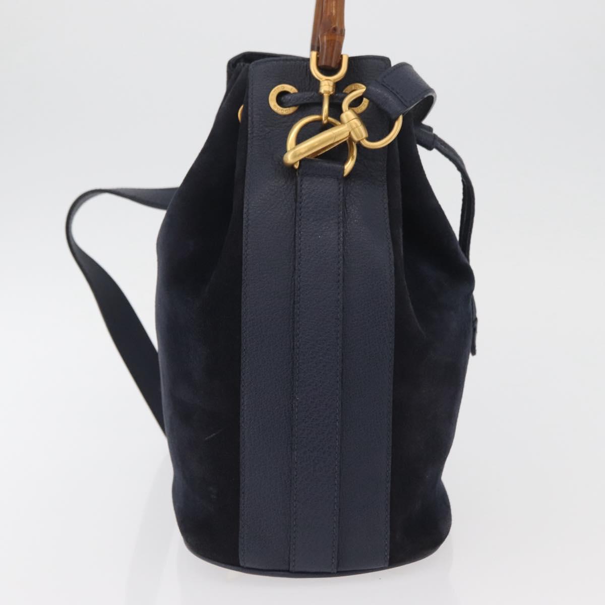 GUCCI Bamboo Horsebit Shoulder Bag Suede 2way Navy Gold Auth BAZ706