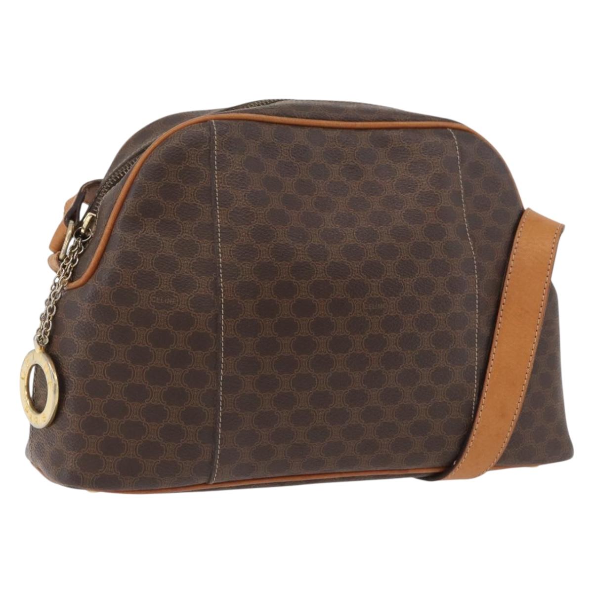 CELINE Macadam Canvas Circle Shoulder Bag PVC Leather Brown Gold Auth BAZ708