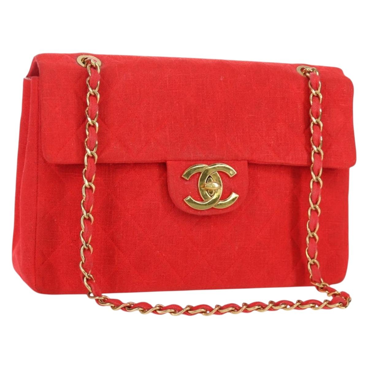 CHANEL Big Matelasse 35 Chain Shoulder Bag Canvas Gold Red CC Auth BAZ742V