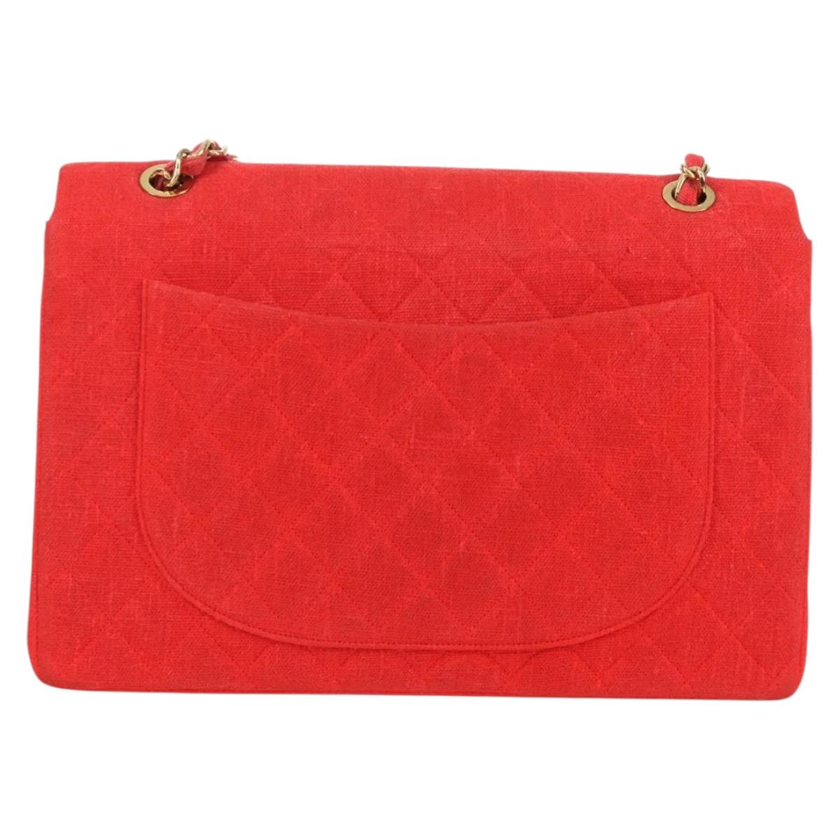 CHANEL Big Matelasse 35 Chain Shoulder Bag Canvas Gold Red CC Auth BAZ742V
