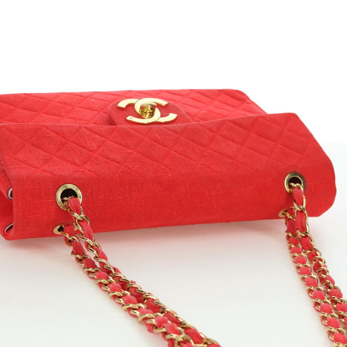 CHANEL Big Matelasse 35 Chain Shoulder Bag Canvas Gold Red CC Auth BAZ742V
