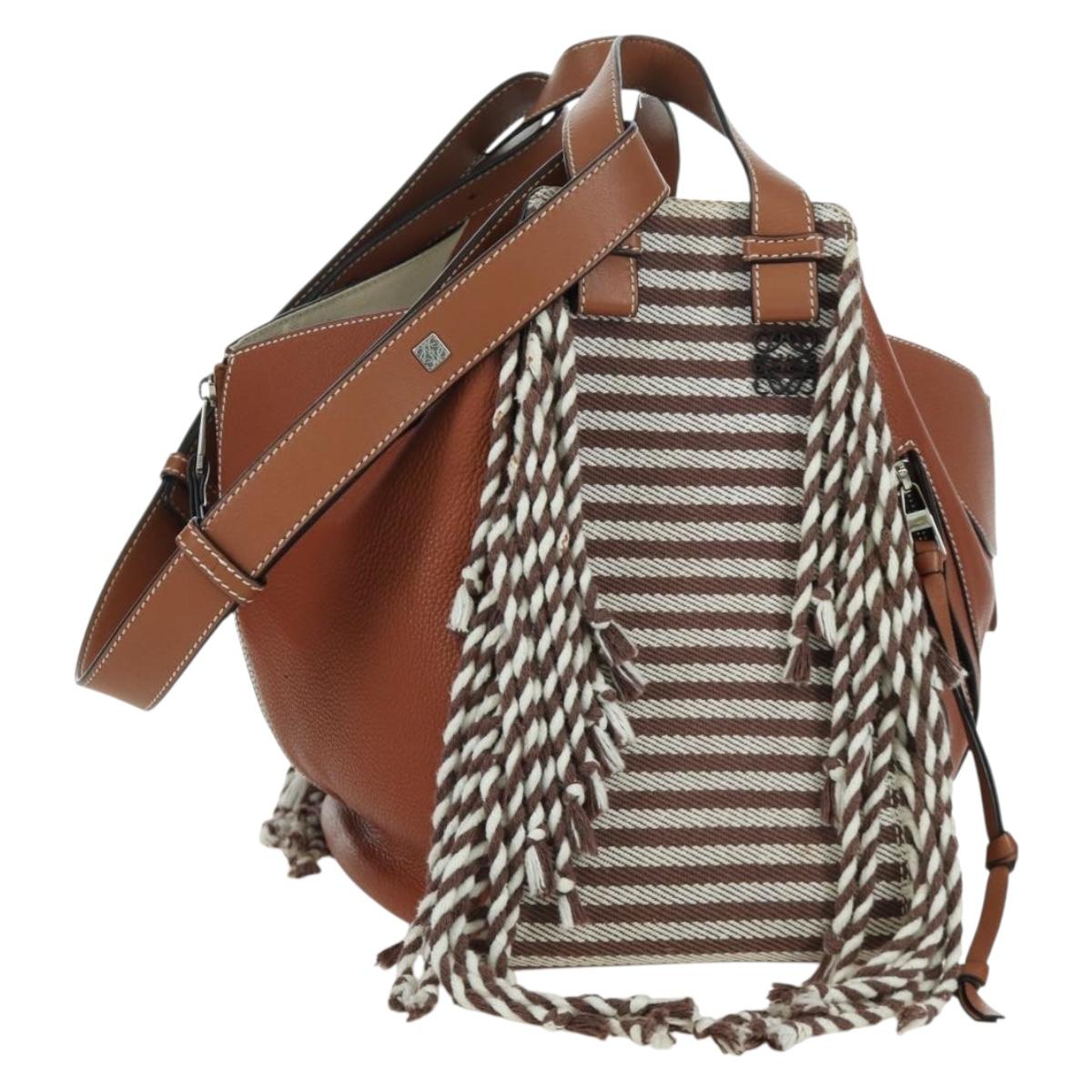 LOEWE Hammock Small Hand Bag Canvas Leather 2way Brown Silver Auth BAZ780V