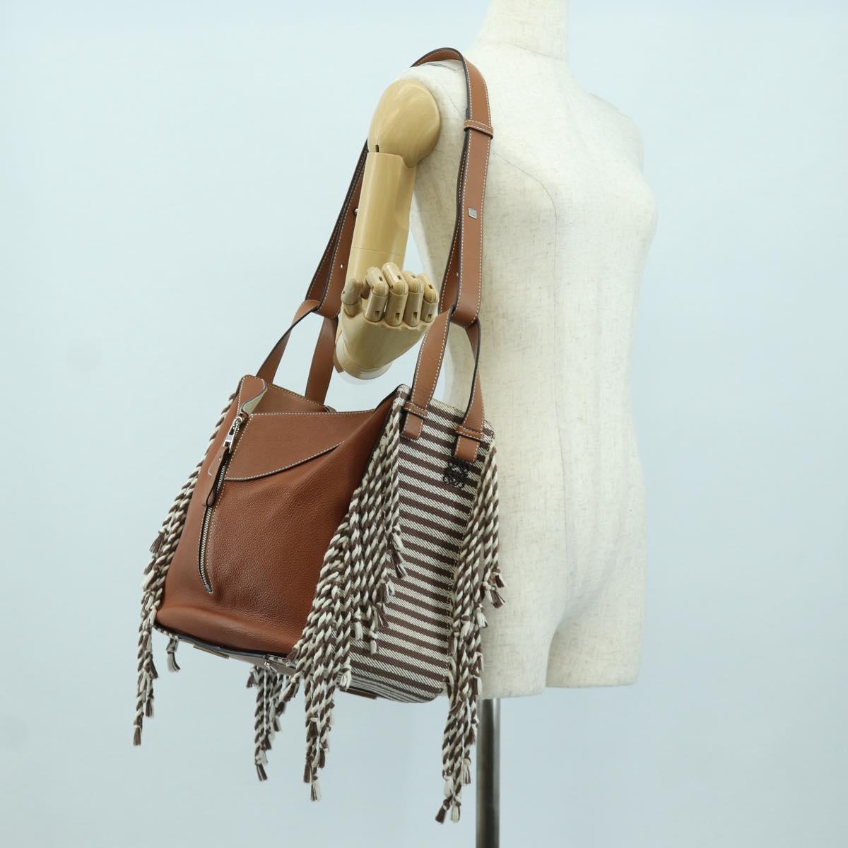 LOEWE Hammock Small Hand Bag Canvas Leather 2way Brown Silver Auth BAZ780V