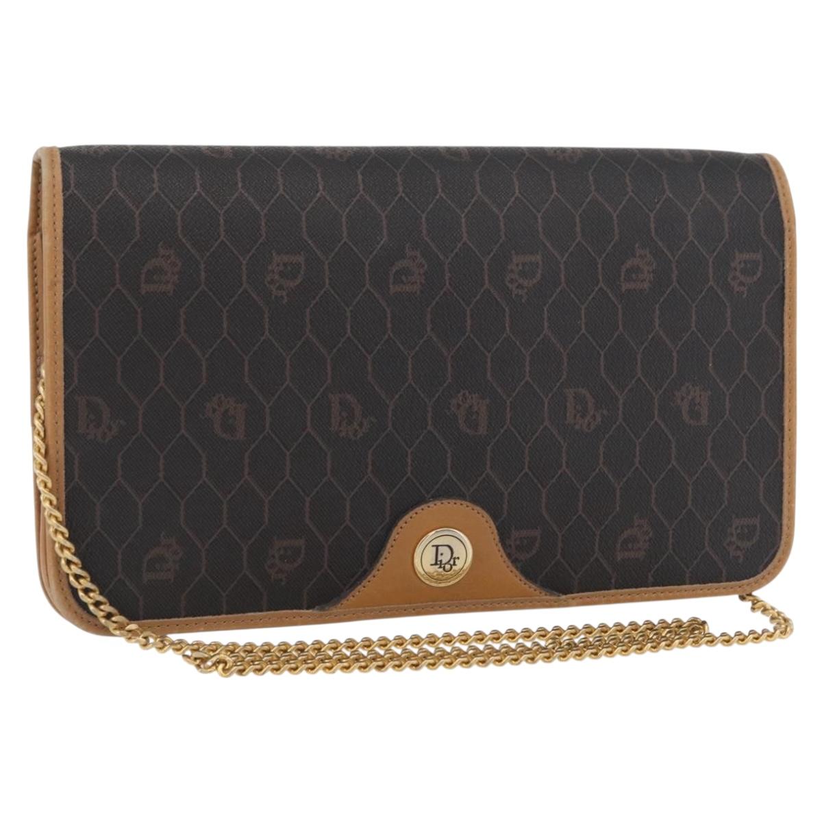 Christian Dior Honeycomb Canvas Chain Shoulder Bag PVC Black Gold Auth BAZ783