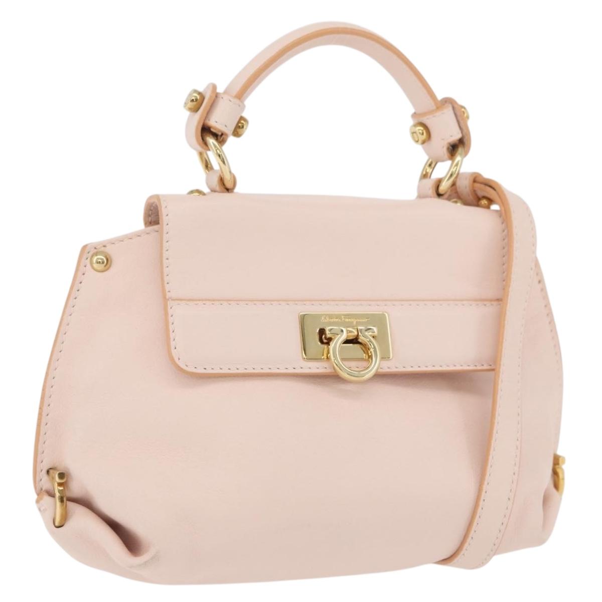 Salvatore Ferragamo Gancini Hand Bag Leather 2way Pink Gold Auth BAZ784A