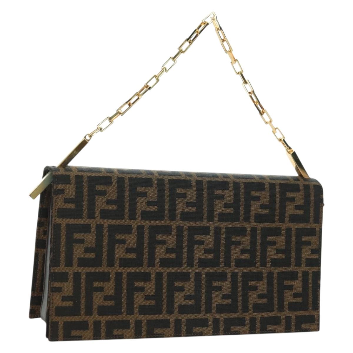 FENDI Zucca Canvas Shoulder Bag Black Brown gold Auth BAZ787V