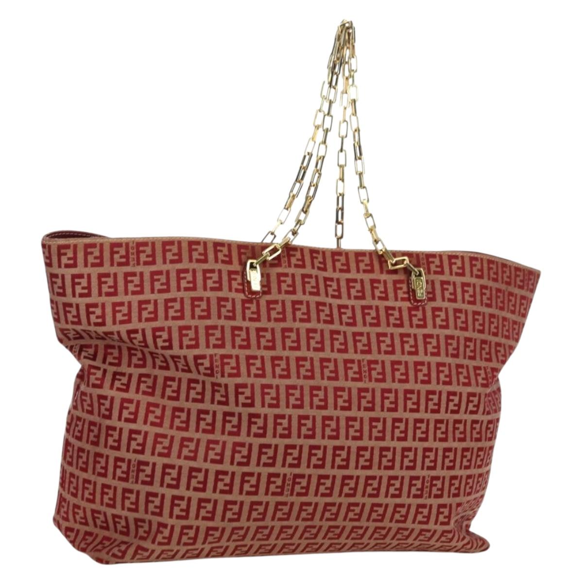 FENDI Zucchino Canvas Chain Tote Bag Red Gold Auth BAZ789V