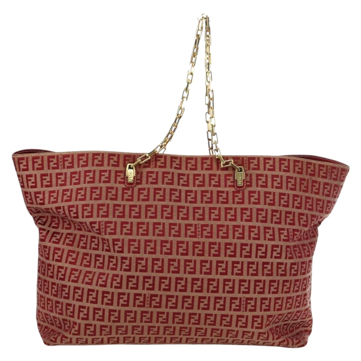 FENDI Zucchino Canvas Chain Tote Bag Red Gold Auth BAZ789V