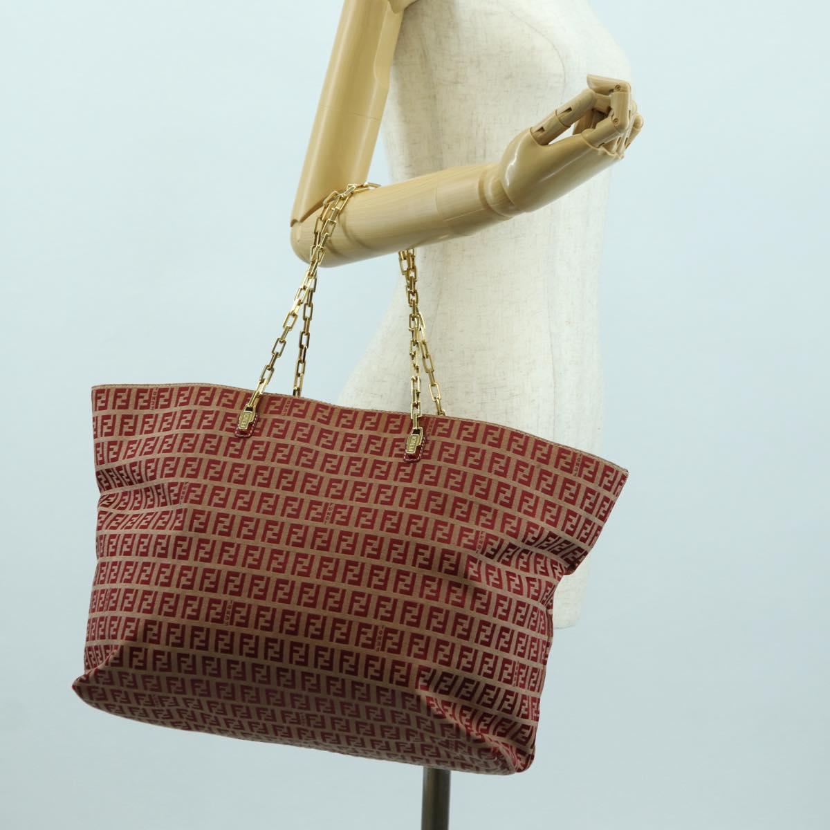 FENDI Zucchino Canvas Chain Tote Bag Red Gold Auth BAZ789V