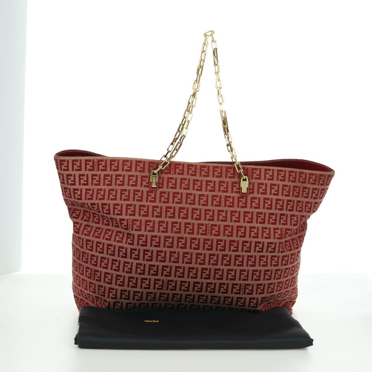 FENDI Zucchino Canvas Chain Tote Bag Red Gold Auth BAZ789V
